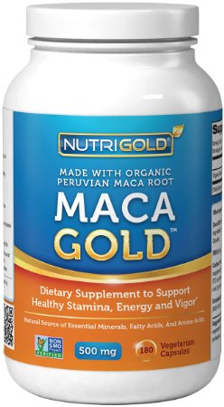 NutriGold 1 Organic Maca Root Powder Capsules - Maca Gold 500 mg 180 Vegetarian Capsules - GMO-free Preservative-free Gold Standard Peruvian Maca Root Pills