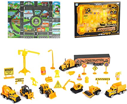 Jellydog Toy Construction Vehicles Set, 26 Piece Die-Cast Construction Trucks, Metal Play Vehicles Set with Street Play Mat,Road Barriers and Signs for Kids Boys and Girls 3 Years