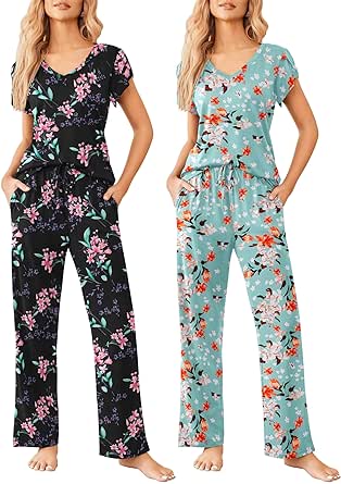 Ekouaer 2 Pack Womens Pajamas Short Sleeve Sleepwear Top with Pants Super-Soft Printed Lounge Sets S-XXL