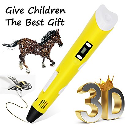 PathingTek 2016 Newest Version Intelligent 3D Printing Pen With LED Screen for dimensional drawing pen Tool with 3 PLA Filament- As best DIY Gift Birthday Gift for kid, friends, adults 3D Crafts Pen (Yellow)