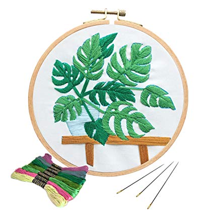 Unime Full Range of Embroidery Starter Kit with Partten, Cross Stitch Kit Including Embroidery Cloth with Color Pattern, Bamboo Embroidery Hoop, Color Threads, and Tools Kit (Monstera)