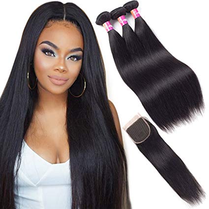 Malaysian hair with closure 9A remy hair with closure straight hair 3 bundles with free part lace closure natural color by Originea (16"18"20"with14"closure)