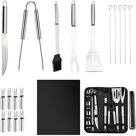 Bisgear 20pcs BBQ Grill Tools Set - Outdoor Camping Stainless Steel Barbecue Grilling Accessories Kit with Utensils Carrying Case, Includes Spatula, Tongs, Knife, Grill Mat Copper (19pc Grill Set)