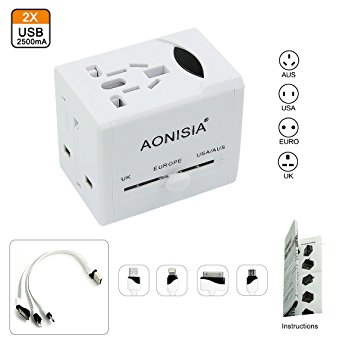 Universal World Travel Adapter Kit w/4 USB Ports - UK, US, AU, Europe Plug Adapter-Super Fast Charging - Over 150 Countries & USB Power Adapter for iPhone, Android, All USB Devices-White by Aonisia