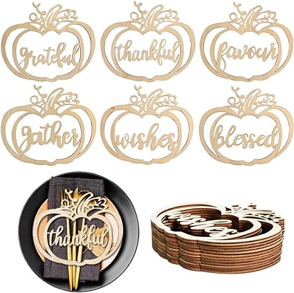 Vuzvuv 12pcs Thanksgiving Wooden Plate Decor THANKFUL and WISHES Cutout,Slices Cutouts Cards Signs Pumpkin Shaped Design Tabletop Decor for Home Kitchen Table Family Party Decoration