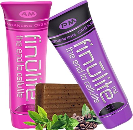 Skin Tightening Anti Cellulite Cream Kit | 3 Piece Set | DUO AM PM Skin Formula with Caffeine | Fat Burner Green Tea Coffee Bar Soap | Firming, Toner & Hydrating | (8 Oz Total) (Two 4 Oz Tubes)