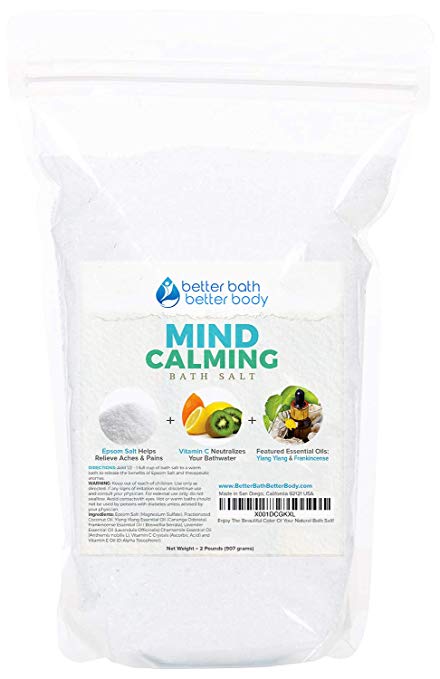 Mind Calming Bath Salt 32oz (2-Lbs) Epsom Salt With Ylang Ylang & Frankincese Essential Oils Plus Vitamin C All Natural Ingredients - Destress, Relax, Release Mental Tension