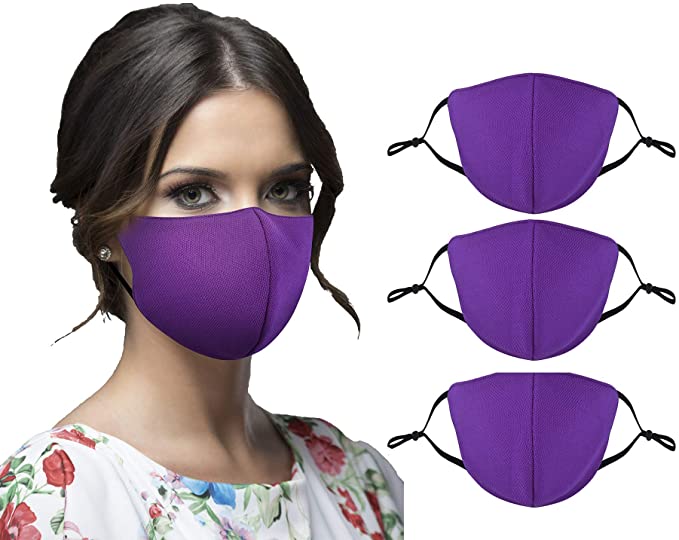 3 Pack Purple Colored Cloth Face Madks Washable Reusable for Men Women with Adjustable Ear Loops, 2 Layer Fitted Adults Face Madks Breathable with 3D Design