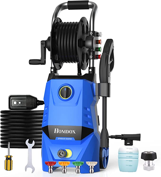 Homdox 2.3GPM Electric High Pressure Washer 13-Amp Power Washers with Adjustable Spray Nozzle, High Pressure Hose, Detergent Tank for Cleans Cars/Fences/Patios (Blue)