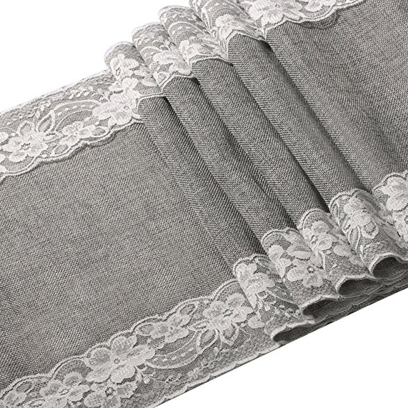 Ling's moment 12 x 108 Inch Gray Burlap Linen Table Runner White Lace Trim Wrinkle-Free for Rustic Country Woodland Wedding Party Bridal Baby Shower Decorations