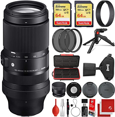 Sigma 100-400mm f/5-6.3 DG DN OS Contemporary Lens Sony E-Mount Bundle with 2X 64GB Memory Cards, IR Remote, 3 Piece Filter Kit, Wrist Strap, Card Reader, Memory Card Case, Tabletop Tripod