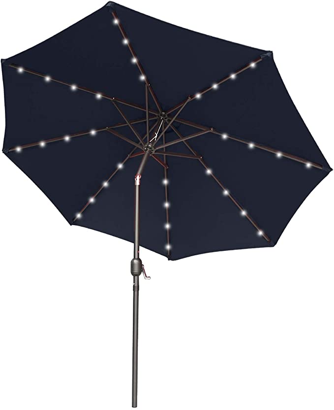 ABCCANOPY 7.5FT Patio Umbrella Ourdoor Solar Umbrella LED Umbrellas with 32LED Lights, Tilt and Crank Table Umbrellas for Garden, Deck, Backyard and Pool,12 Colors, (Navy Blue)