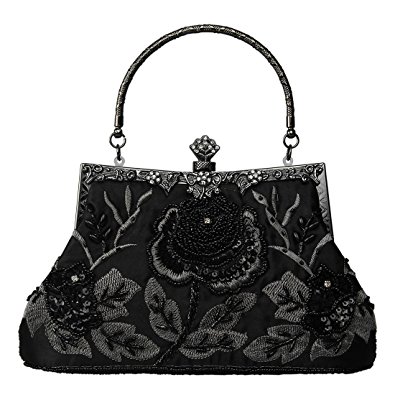 ECOSUSI Vintage Small Clutch Beaded Sequin Rose Evening Handbag Purse Wedding Bag Seed Shoulder Bag