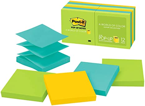 Post-it Pop-up Notes, 3x3 in, 12 Pads, America's #1 Favorite Sticky Notes, Jaipur Collection, Bold Colors (Green, Yellow, Orange, Purple, Blue), Clean Removal, Recyclable (R330-12AU)