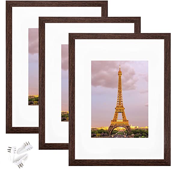 upsimples 9x12 Picture Frame Set of 3,Made of High Definition Glass for 6x8 with Mat or 9x12 Without Mat,Wall Mounting Photo Frame Dark Brown Woodgrain