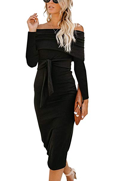 Angashion Womens Sexy Off Shoulder Long Sleeve Bodycon Midi Knit Cocktail Evening Sweater Dress with Belt