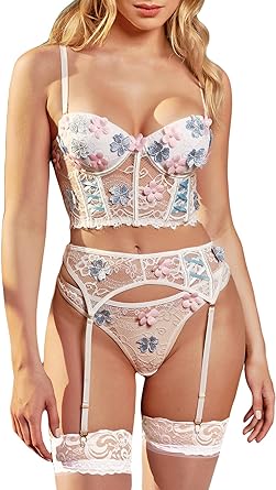 WDIRARA Women's 4 Piece Floral Lace Push Up Garter Lingerie Set with Stockings