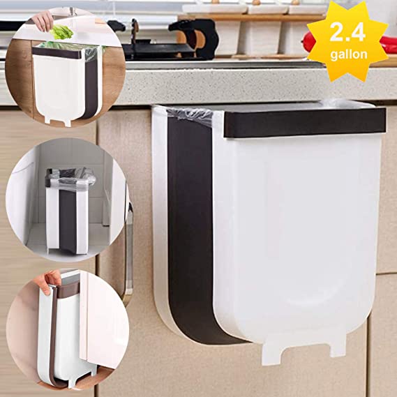 LALASTAR Hanging Small Trash Can for Kitchen, Foldable Trash Bin for Kitchen Cabinet Door, Drawer, Car, RV, Collapsible Waste Bin 9 Liter / 2.4 Gallon, White