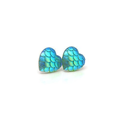 12mm Heart Shaped Mermaid Scale Earrings on Plastic Posts for Metal Sensitive Ears, Aqua Blue