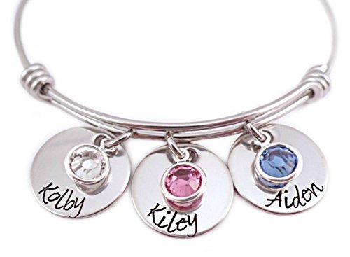 Adjustable Bangle Bracelet With Names And Birthstones - Hand Stamped Personalized Jewelry