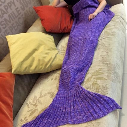 BG® Cute Dark Purple Mermaid Tail Crochet Blanket All Seasons Soft Warm Sleeping Bags