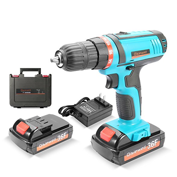 Qisiewell 21V Lithium-Ion Cordless Drill Driver 1.3 A 3/8 Inch Impact Driver Max Torque 30 N.m Variable Speed 18 1 Torque Setting with LED Quick Charger and Two 21V batteries