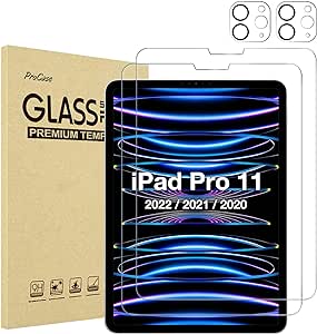 ProCase 2 2 Pack Screen Protector for iPad Pro 11 4th 3rd 2nd 2022 2021 2020 with Camera Lens Protector, Tempered Glass Film Guard for iPad Pro 11" 4 3 2 Gen