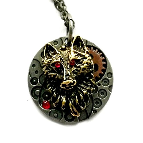 Steampunk Wolf Necklace Red Eye Shape Shifter Pendant Handmade Gift by Aunt Matilda's Jewelry Box