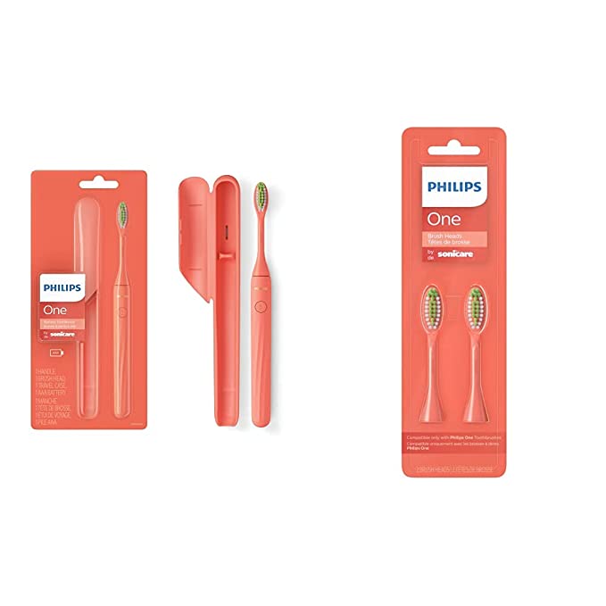 Philips One by Sonicare Battery Toothbrush, Miami Coral, HY1100/01   Philips One by Sonicare 2pk Brush Heads, Miami Coral, BH1022/01