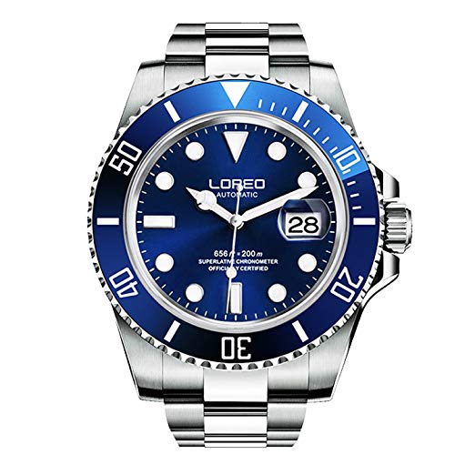LOREO Mens GMT Silver Stainless Steel Sapphire Glass Blue Rotating bezel Men's Automatic Watch