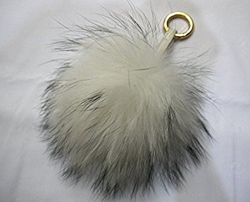 AURORA168 White with Black Tips Fluffy Fur 15cm. Pom Pom Ball Keyring / Bag Purse Charm Gold Ring