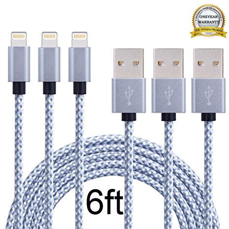 Airsspu Lightning Cable,3Pack 6FT Extra Long Nylon Braided USB Cord Charging Cable for iPhone 5/5S/5C/SE 6/6S 6 Plus/6S Plus 7/7 Plus, iPad mini/Air/Pro iPod touch/nano 7(Gray White,6FT)