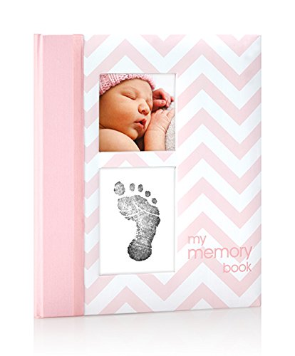 Pearhead Chevron Baby Memory Book with an Included Clean-Touch Ink Pad to Create Baby's Handprint or Footprint, Pink