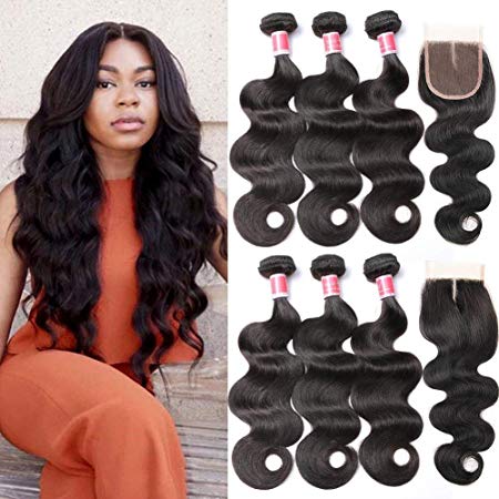 Beauty Princess Brazilian Body Wave with Closure 8a Unprocessed Brazilian Virgin Hair 3 Bundles with Middle Part Closure Natural Black Human Hair Bundles With Closure (14 16 18 12)