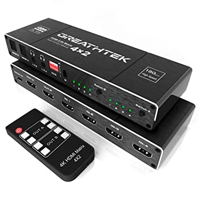 GREATHTEK HDMI Matrix Switch 4x2 4K@60Hz, Audio EDID Extractor with IR Remote Control, HDR Vision SPDIF 5.1CH & Optical & L/R 3.5 mm Output, HDMI 2.0 Splitter 3D