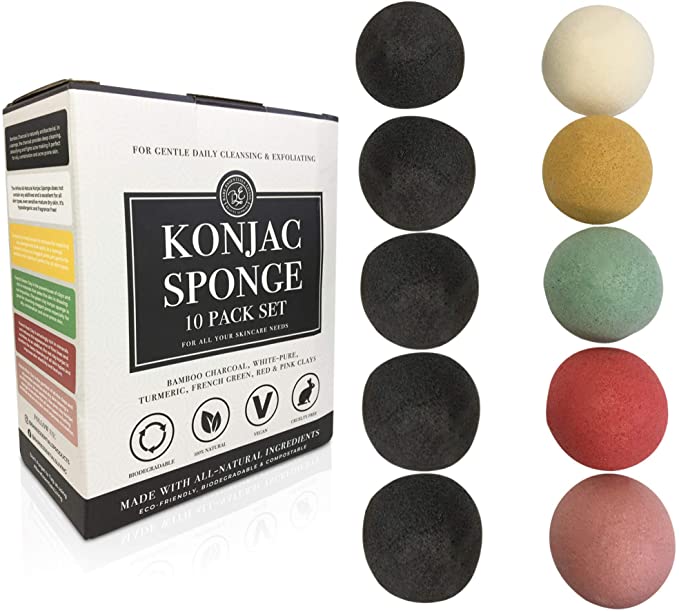 Konjac Sponge Set 10 Pack- Bulk Activated Bamboo Charcoal Facial Sponge Gentle Exfoliator Makeup Remover Pad with Turmeric, French Green, Rose and Red Clay, for Face and Body by Bare Essentials Living