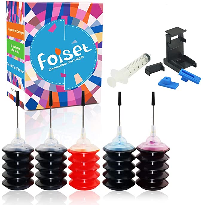 Foiset 5 x 30ml Dye Ink Refill Kit for Canon PG-210XL/CL211XL,Canon Ts3100 with PG-243/ CL-244 PG-240XL/CL-241XL, PG-245XL / CL-246XL Ink Cartridge with One Set Clamp Absorption Clip Pumping Tool for hp 60 61 62 63 65 Remanufactured Ink Cartridge(2 Black, 1 Cyan, 1 Magenta, 1 Yellow)