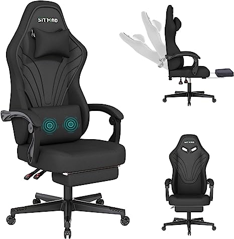 SITMOD Fabric Gaming Chair with Massage Back Support,Executive Office Chairs Comfy Ergonomic with Footrest Lumbar Support PC Computer Racing Chair Reclining Swivel Gamer Chairs for Adult