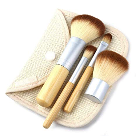 BTYMS 4Pcs Professional Bamboo Handle Cosmetic Elaborate Makeup Brush Sets  Burlap Bag