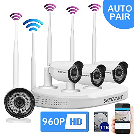 SAFEVANT 8CH 960P(1280X960) HD Wireless Video Security System NVR kits with 4PCS 1.3MP Wireless Weatherproof Bullet IP Cameras,65ft Night Vision, 1TB HDD Pre-installed with HDMI cable,Plug& Play