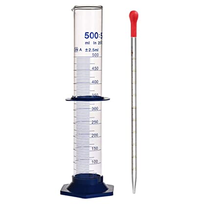 Thick Glass Graduated Cylinder Measuring Liquid Lab Cylinders with Anti-Falling Plastic Base and Bumper Guards and Glass Dropper (Glass, 500ML)