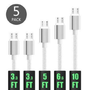 Micro USB Cable, YUELAN [5-Pack,3.3/5/6.6/10ft] Nylon Braided USB Cable High Speed USB 2.0 A Male To Micro B Sync and Charging Cable for Samsung, Nexus, LG, Motorola, Android Smartphones And More