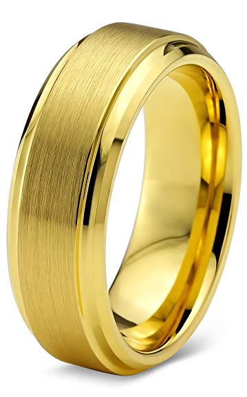 Charming Jewelers Tungsten Wedding Band Ring 6mm Men Women Comfort Fit 18k Yellow Rose Gold Grey Black Step Bevel Edge Brushed Polished