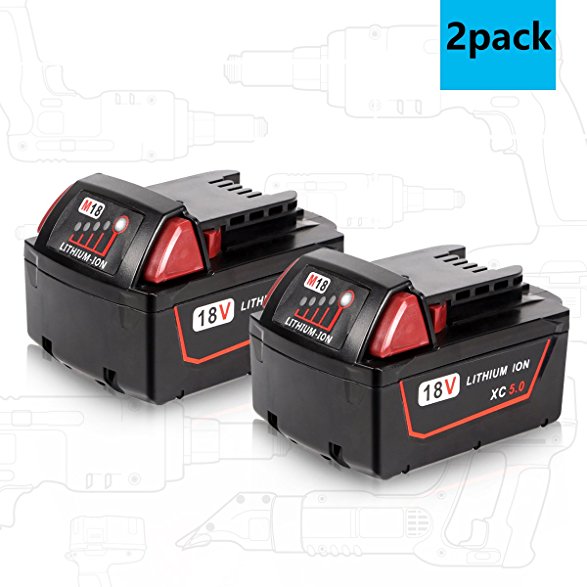 Enegitech M18 5.0Ah Battery for Milwaukee 18V XC Red Lithium M18B 48-11-1820 48-11-1850 48-11-1828 48-11-1815 Cordless Power Tools - 2 Pack