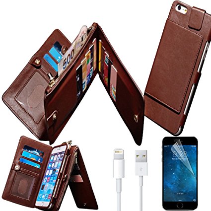 iPhone 7 Plus Case, iPhone 7 Plus Wallet Case, Bonice Premium Leather Zipper Wallet Multifunctional Detachable Removable Purse Card Slot Pocket Wallet Pouch Protective Cover for iPhone 7 Plus - Brown