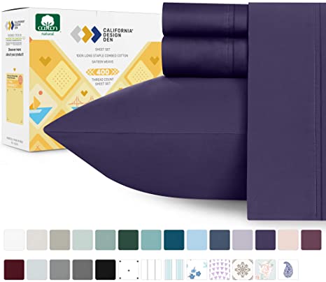 Twin Long Staple Cotton Sheets - 400 Thread Count 3 Piece Bed Set, Royal Purple Breathable Sateen Weave Bedding, Elasticized Deep Pocket Fits Low Profile Foam and Tall Mattresses