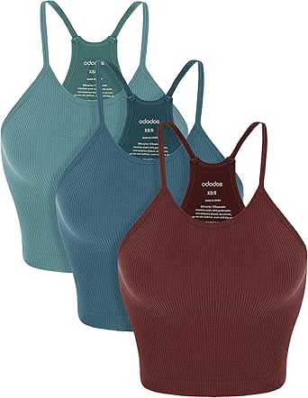 ODODOS Women's Crop 3-Pack Washed Seamless Rib-Knit Camisole Crop Tank Tops