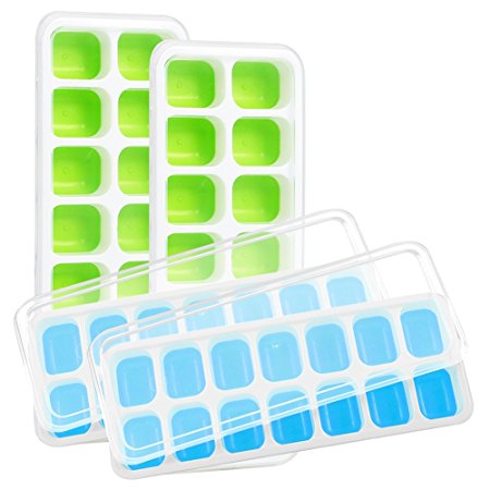 Kootek 4 Pack Silicone Ice Cube Trays with Lid - BPA Free Ice Cube Molds Easy Release Flexible FDA Approved Trays with for Chill Drinks Whiskey Cocktail (Blue & Green)