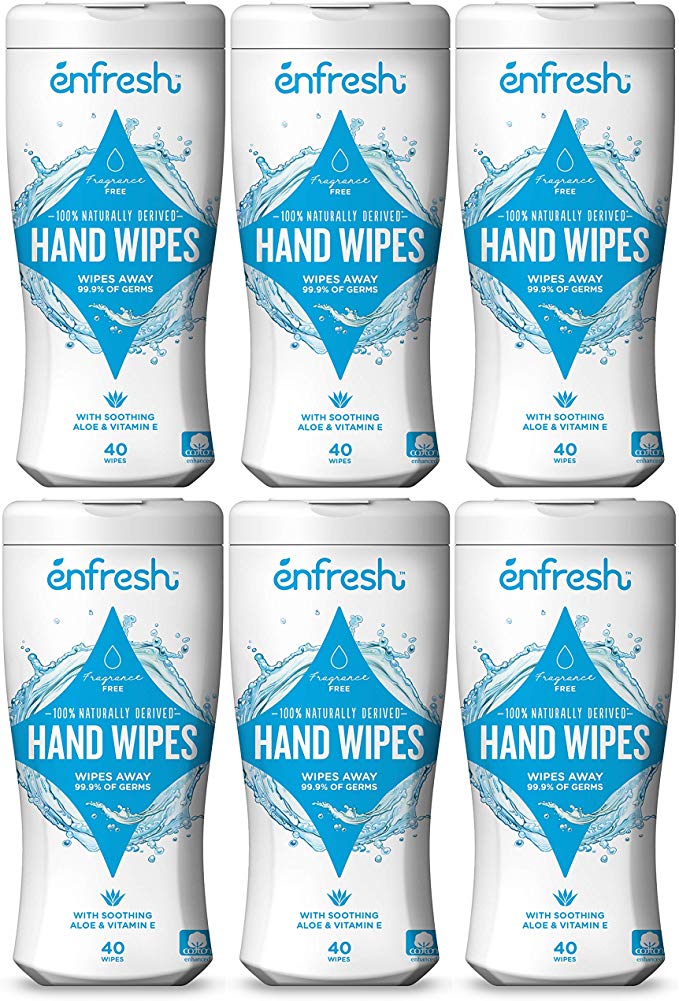 Enfresh Fragrance Free Naturally Derived Hand Wipes - Wipes Away 99.9% Of Germs - 40Count (Pack Of 6, 240 Wet Wipes)