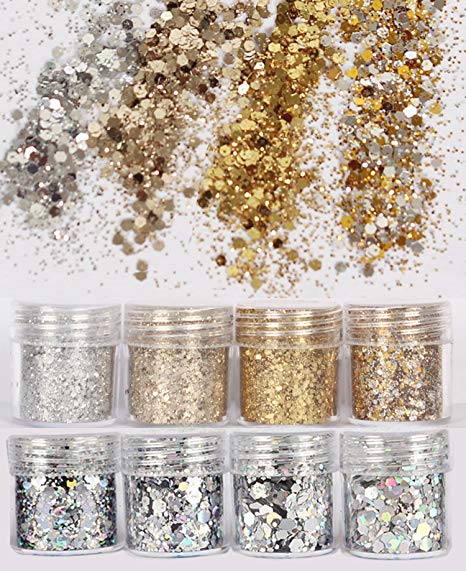 DaLin 8 Boxes Gold Silver Holographic Chunky Glitter Sequins Iridescent Flakes Ultra-thin Tips Colorful Mixed Paillette Festival Beauty Makeup Face Body Hair Nails Cosmetic Glitter (Color 4)